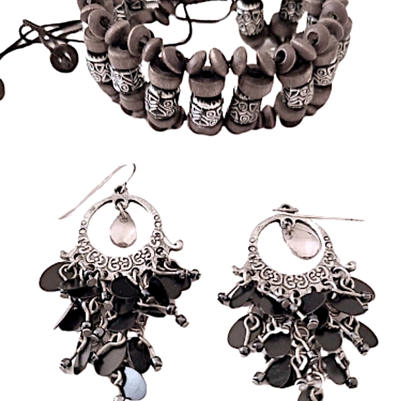 Vintage Silver Bohemian Antiqued Metal Beaded Chandelier Earrings Bracelet Set - Picture 1 of 8